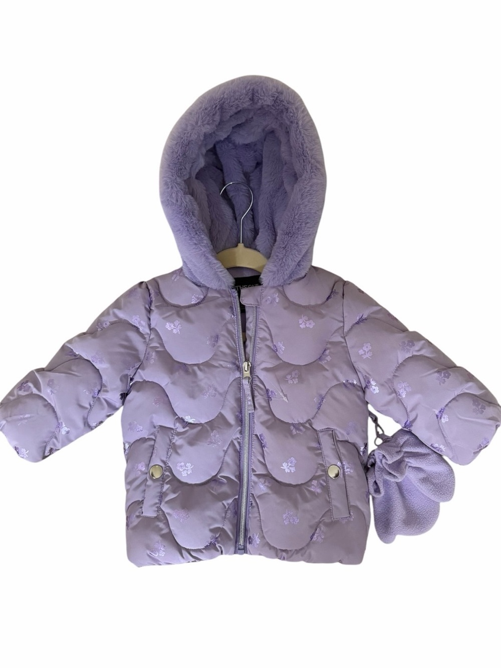 Rothschild NWT Baby Girl 12M Lilac Floral Foil Print Wave Quilt Puffer W/Mitten